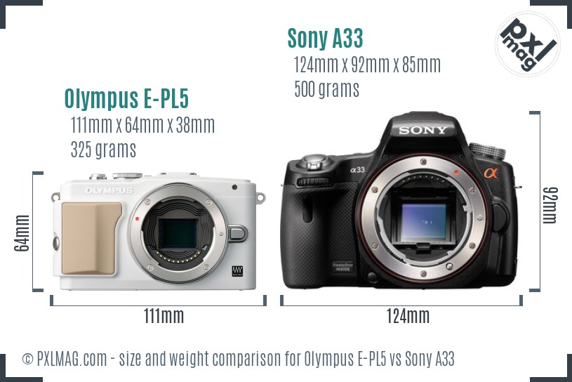 Olympus E-PL5 vs Sony A33 size comparison Olympus E-PL5 vs Sony A33 size comparison