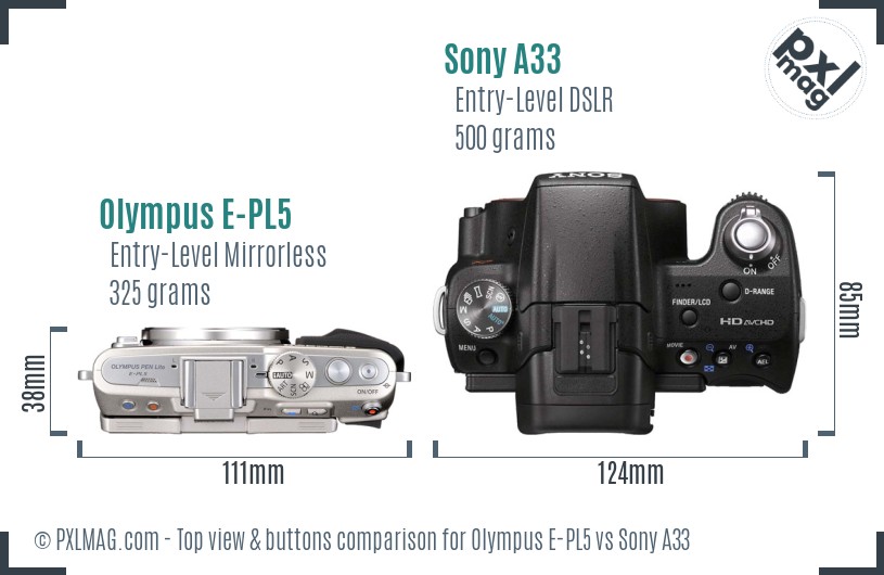 Olympus E-PL5 vs Sony A33 top view buttons comparison