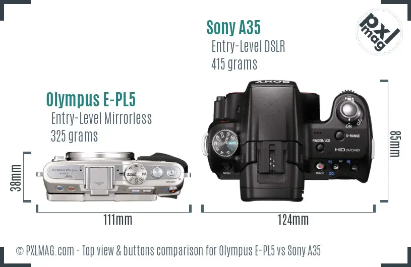 Olympus E-PL5 vs Sony A35 top view buttons comparison