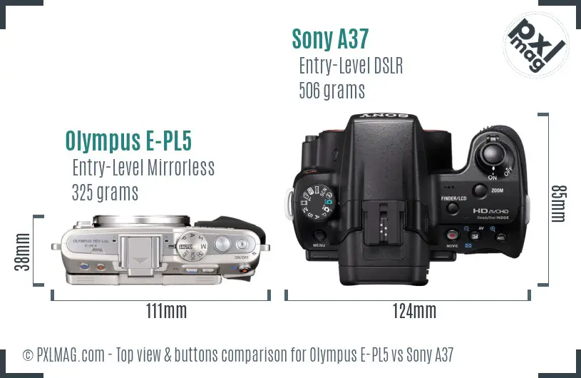Olympus E-PL5 vs Sony A37 top view buttons comparison Olympus E-PL5 vs Sony A37 top view buttons comparison