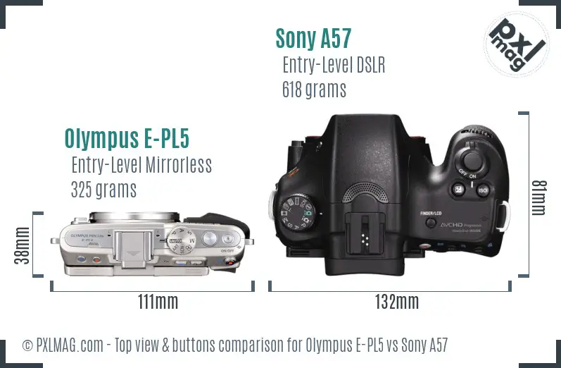 Olympus E-PL5 vs Sony A57 top view buttons comparison