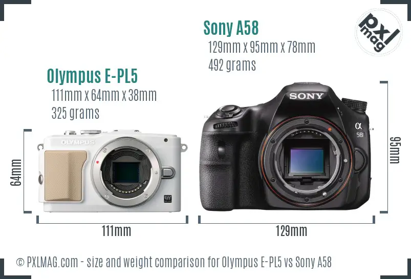 Olympus E-PL5 vs Sony A58 size comparison