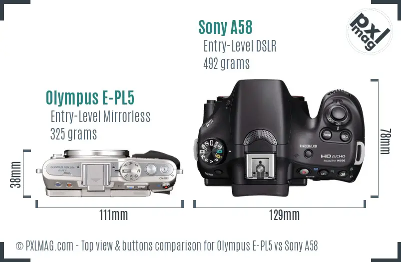 Olympus E-PL5 vs Sony A58 top view buttons comparison