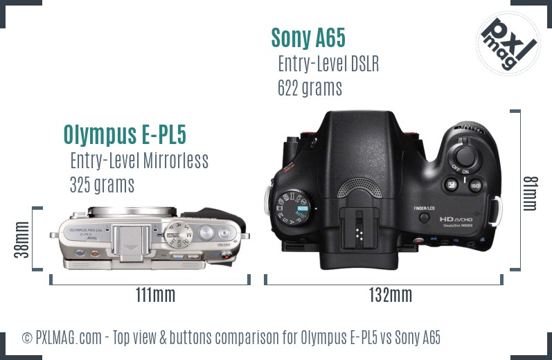 Olympus E-PL5 vs Sony A65 top view buttons comparison