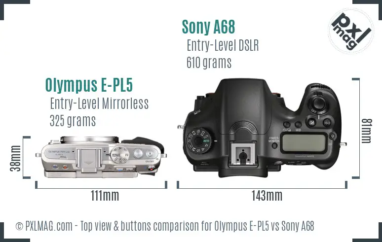 Olympus E-PL5 vs Sony A68 top view buttons comparison Olympus E-PL5 vs Sony A68 top view buttons comparison