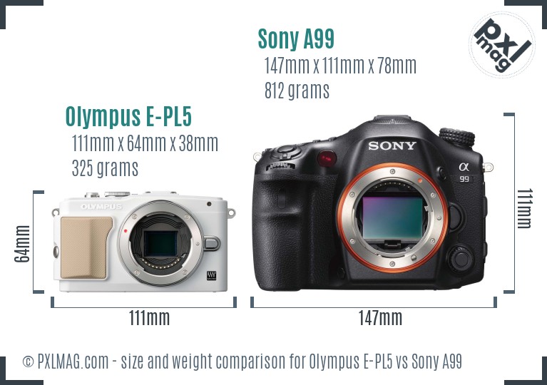 Olympus E-PL5 vs Sony A99 size comparison Olympus E-PL5 vs Sony A99 size comparison
