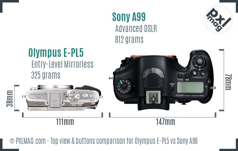 Olympus E-PL5 vs Sony A99 top view buttons comparison