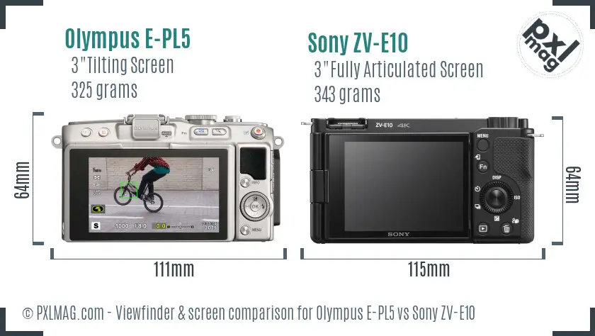 Olympus E-PL5 vs Sony ZV-E10 Screen and Viewfinder comparison