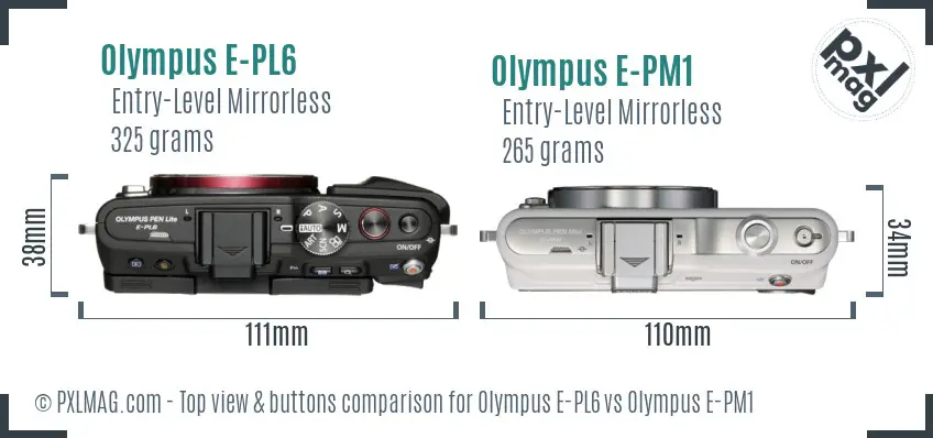 Olympus E-PL6 vs Olympus E-PM1 top view buttons comparison