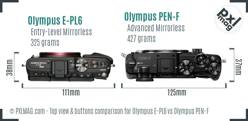 Olympus E-PL6 vs Olympus PEN-F top view buttons comparison