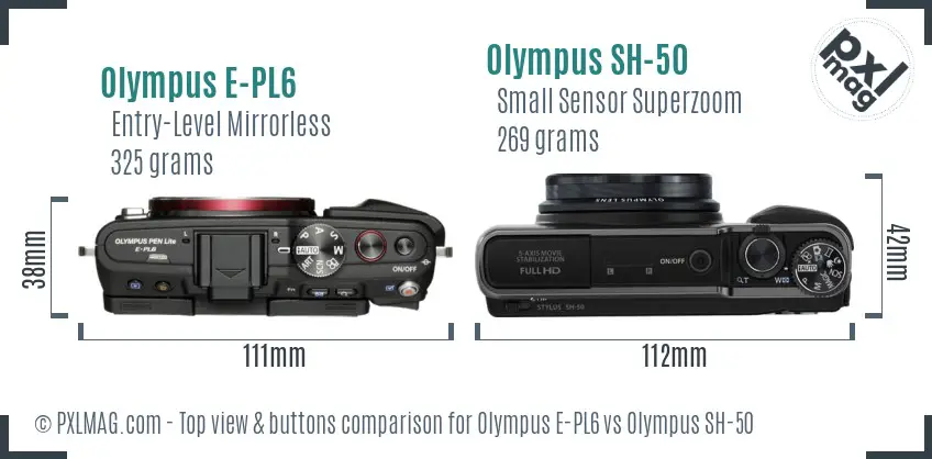 Olympus E-PL6 vs Olympus SH-50 top view buttons comparison