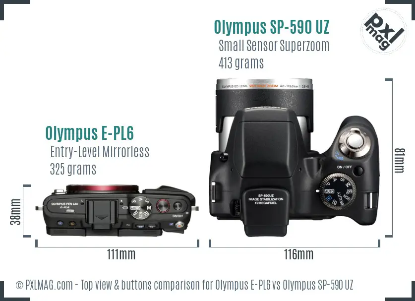 Olympus E-PL6 vs Olympus SP-590 UZ top view buttons comparison
