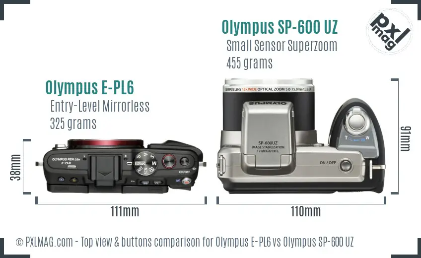 Olympus E-PL6 vs Olympus SP-600 UZ top view buttons comparison