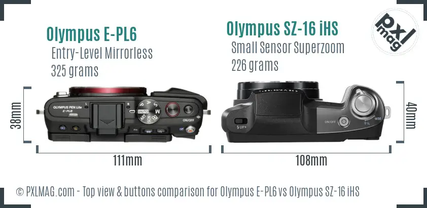 Olympus E-PL6 vs Olympus SZ-16 iHS top view buttons comparison