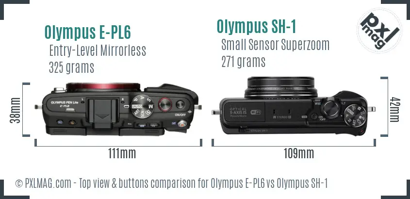 Olympus E-PL6 vs Olympus SH-1 top view buttons comparison