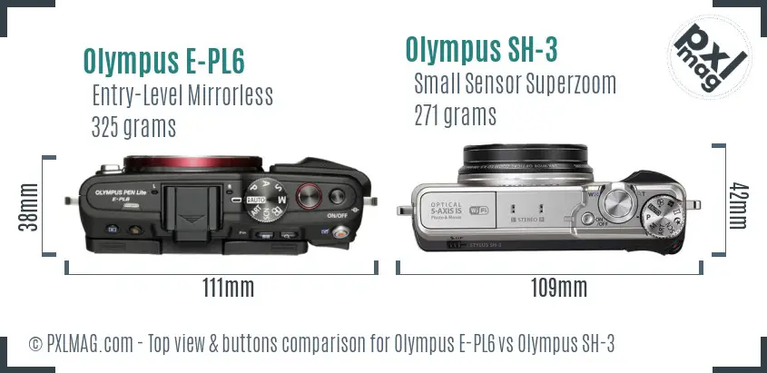Olympus E-PL6 vs Olympus SH-3 top view buttons comparison