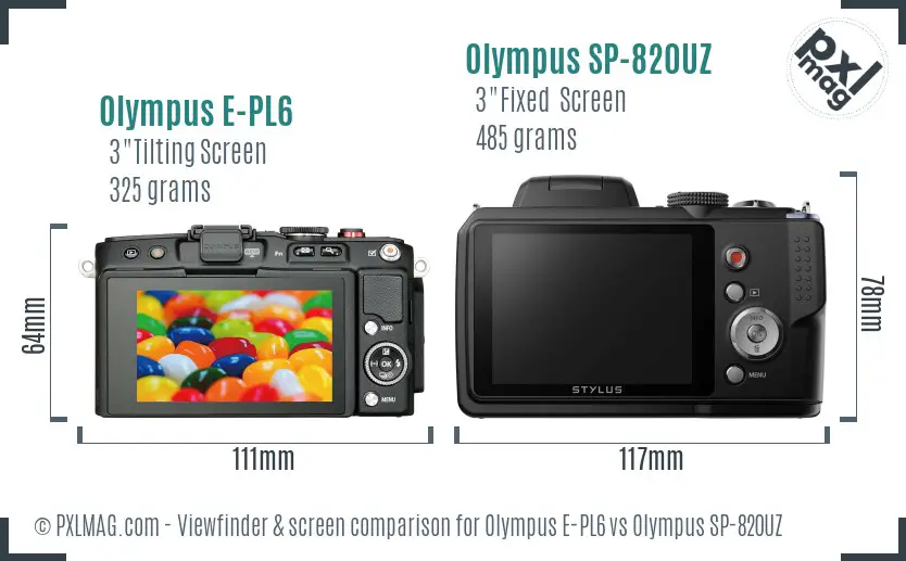 Olympus E-PL6 vs Olympus SP-820UZ Screen and Viewfinder comparison