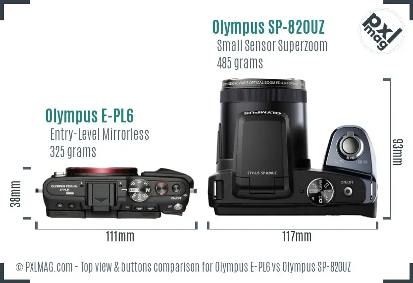 Olympus E-PL6 vs Olympus SP-820UZ top view buttons comparison