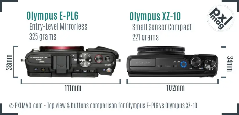 Olympus E-PL6 vs Olympus XZ-10 top view buttons comparison