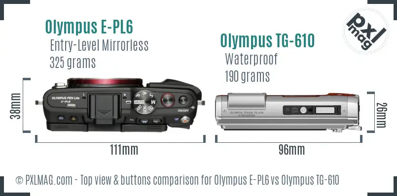 Olympus E-PL6 vs Olympus TG-610 top view buttons comparison