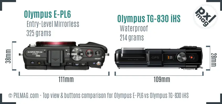 Olympus E-PL6 vs Olympus TG-830 iHS top view buttons comparison