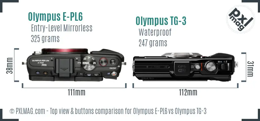 Olympus E-PL6 vs Olympus TG-3 top view buttons comparison