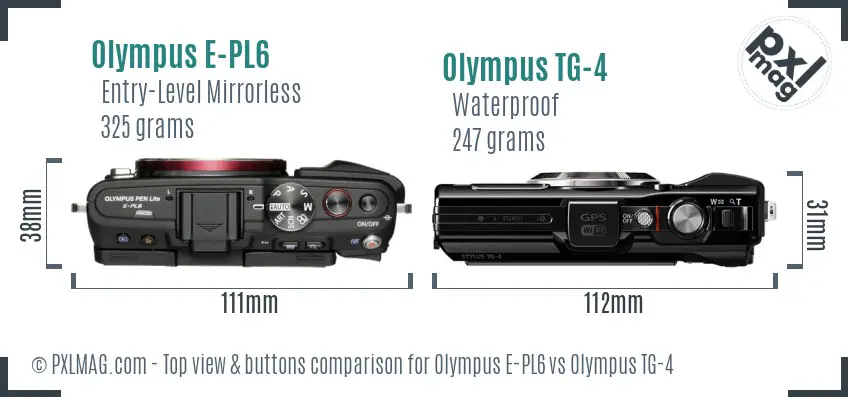 Olympus E-PL6 vs Olympus TG-4 top view buttons comparison