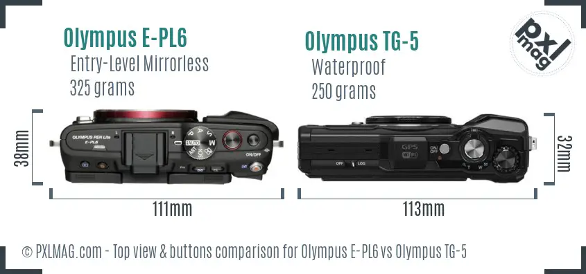 Olympus E-PL6 vs Olympus TG-5 top view buttons comparison