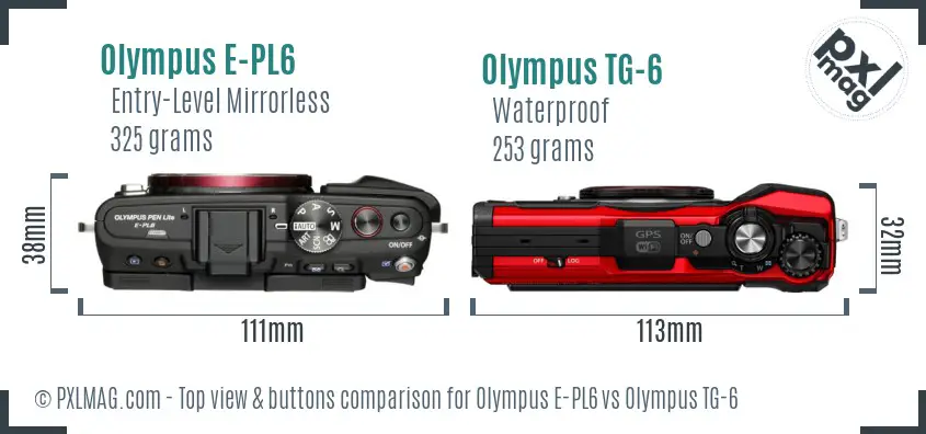 Olympus E-PL6 vs Olympus TG-6 top view buttons comparison
