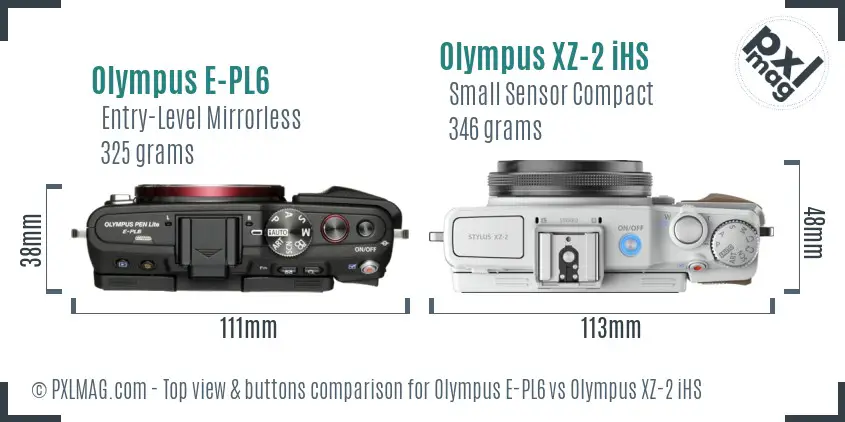Olympus E-PL6 vs Olympus XZ-2 iHS top view buttons comparison