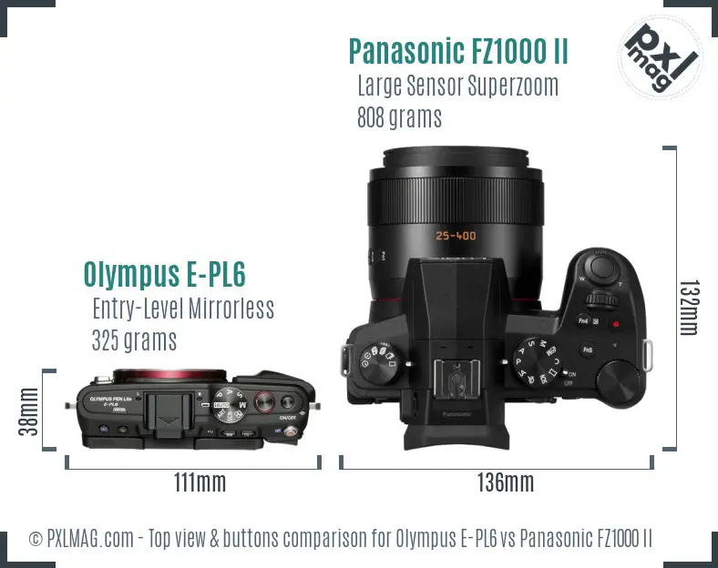 Olympus E-PL6 vs Panasonic FZ1000 II top view buttons comparison