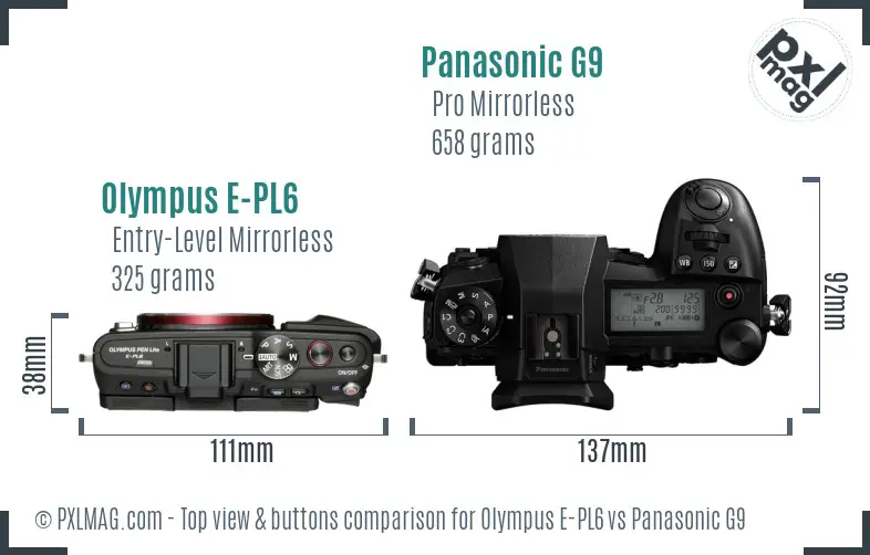 Olympus E-PL6 vs Panasonic G9 top view buttons comparison