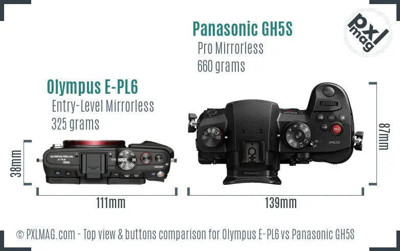 Olympus E-PL6 vs Panasonic GH5S top view buttons comparison