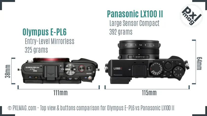 Olympus E-PL6 vs Panasonic LX100 II top view buttons comparison