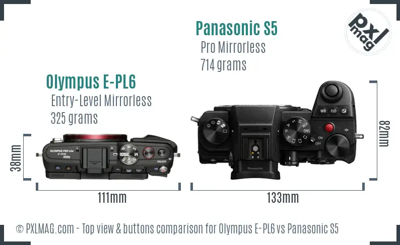 Olympus E-PL6 vs Panasonic S5 top view buttons comparison