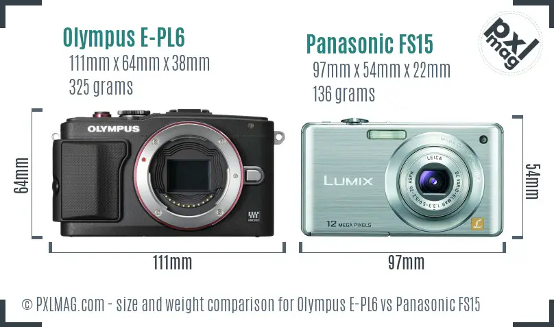 Olympus E-PL6 vs Panasonic FS15 size comparison