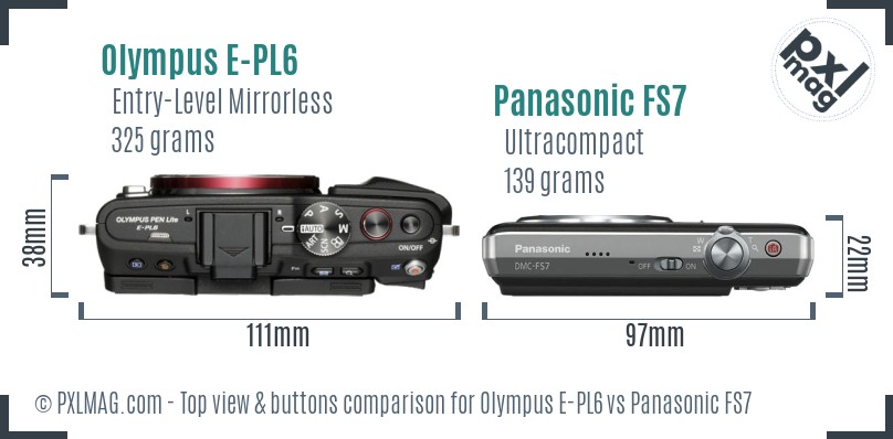 Olympus E-PL6 vs Panasonic FS7 top view buttons comparison