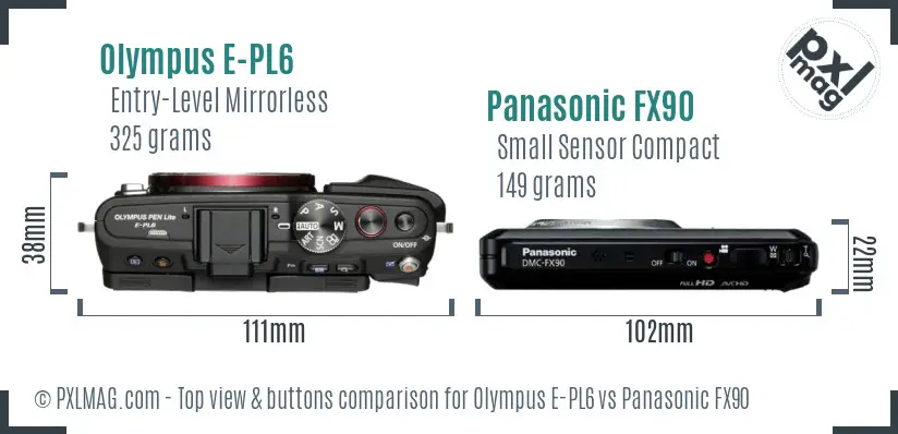 Olympus E-PL6 vs Panasonic FX90 top view buttons comparison
