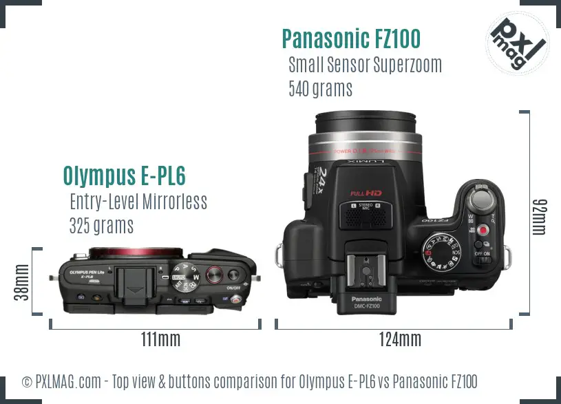 Olympus E-PL6 vs Panasonic FZ100 top view buttons comparison