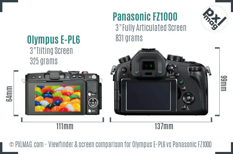 Olympus E-PL6 vs Panasonic FZ1000 Screen and Viewfinder comparison
