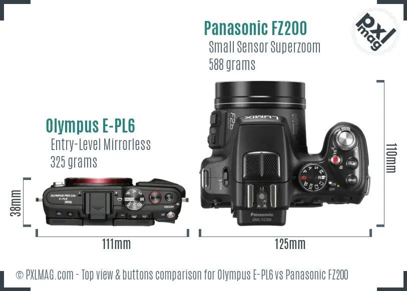 Olympus E-PL6 vs Panasonic FZ200 top view buttons comparison