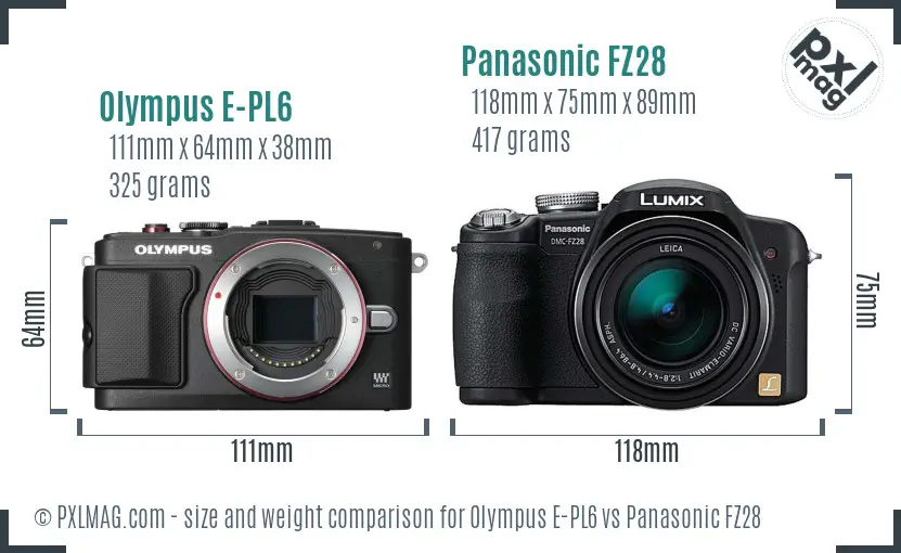 Olympus E-PL6 vs Panasonic FZ28 size comparison