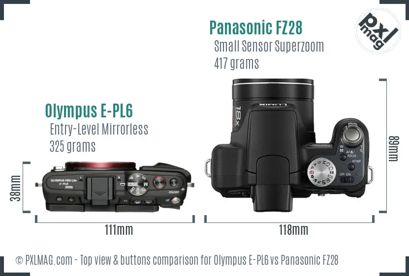 Olympus E-PL6 vs Panasonic FZ28 top view buttons comparison