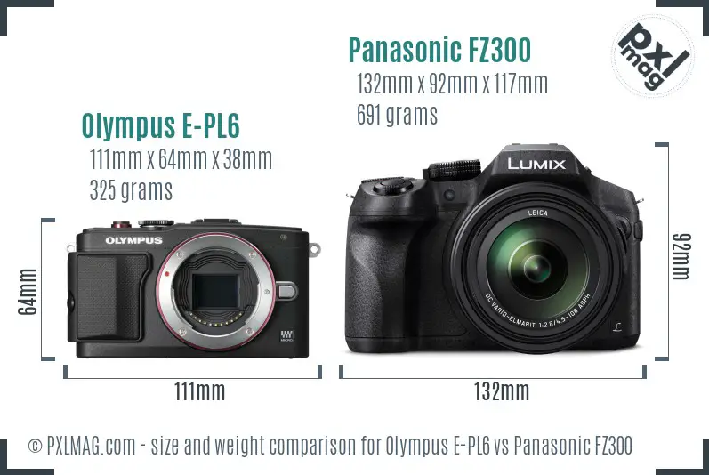 Olympus E-PL6 vs Panasonic FZ300 size comparison