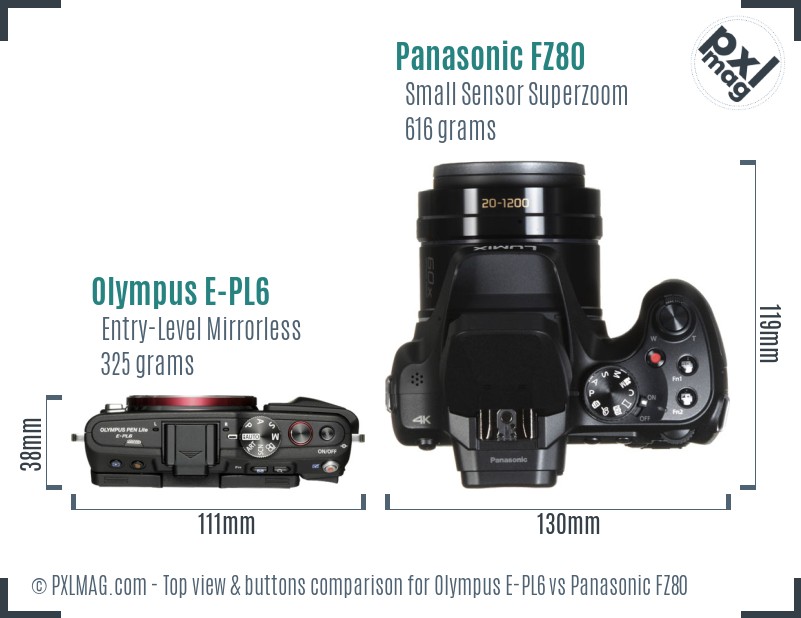 Olympus E-PL6 vs Panasonic FZ80 top view buttons comparison