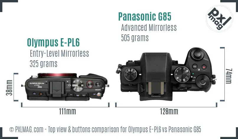 Olympus E-PL6 vs Panasonic G85 top view buttons comparison