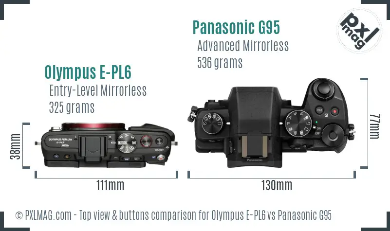 Olympus E-PL6 vs Panasonic G95 top view buttons comparison