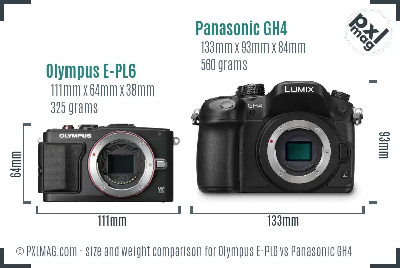 Olympus E-PL6 vs Panasonic GH4 size comparison
