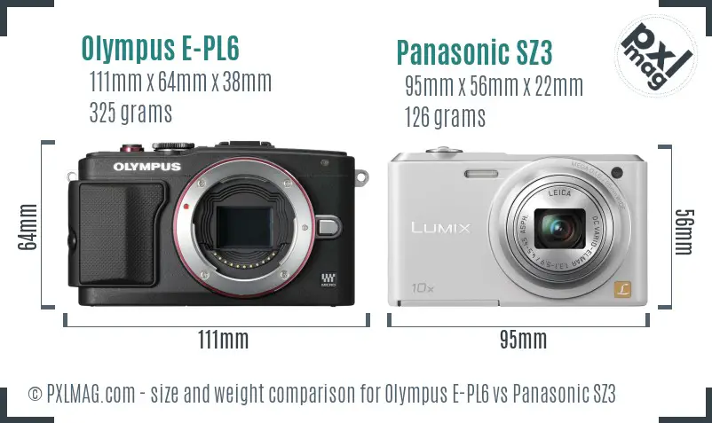 Olympus E-PL6 vs Panasonic SZ3 size comparison