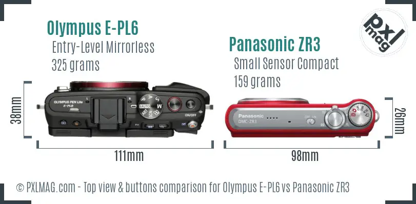 Olympus E-PL6 vs Panasonic ZR3 top view buttons comparison